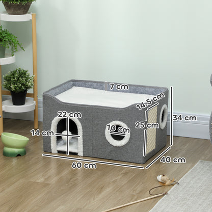 Cat House, Cat Bed for Indoor Pets, Foldable Kitten Cave with Fluffy Ball, Scratch Pad, Kitty Hideaway with Soft Cushions for Small, Medium Cats, Grey