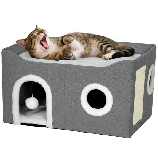 Cat House, Cat Bed for Indoor Pets, Foldable Kitten Cave with Fluffy Ball, Scratch Pad, Kitty Hideaway with Soft Cushions for Small, Medium Cats, Grey