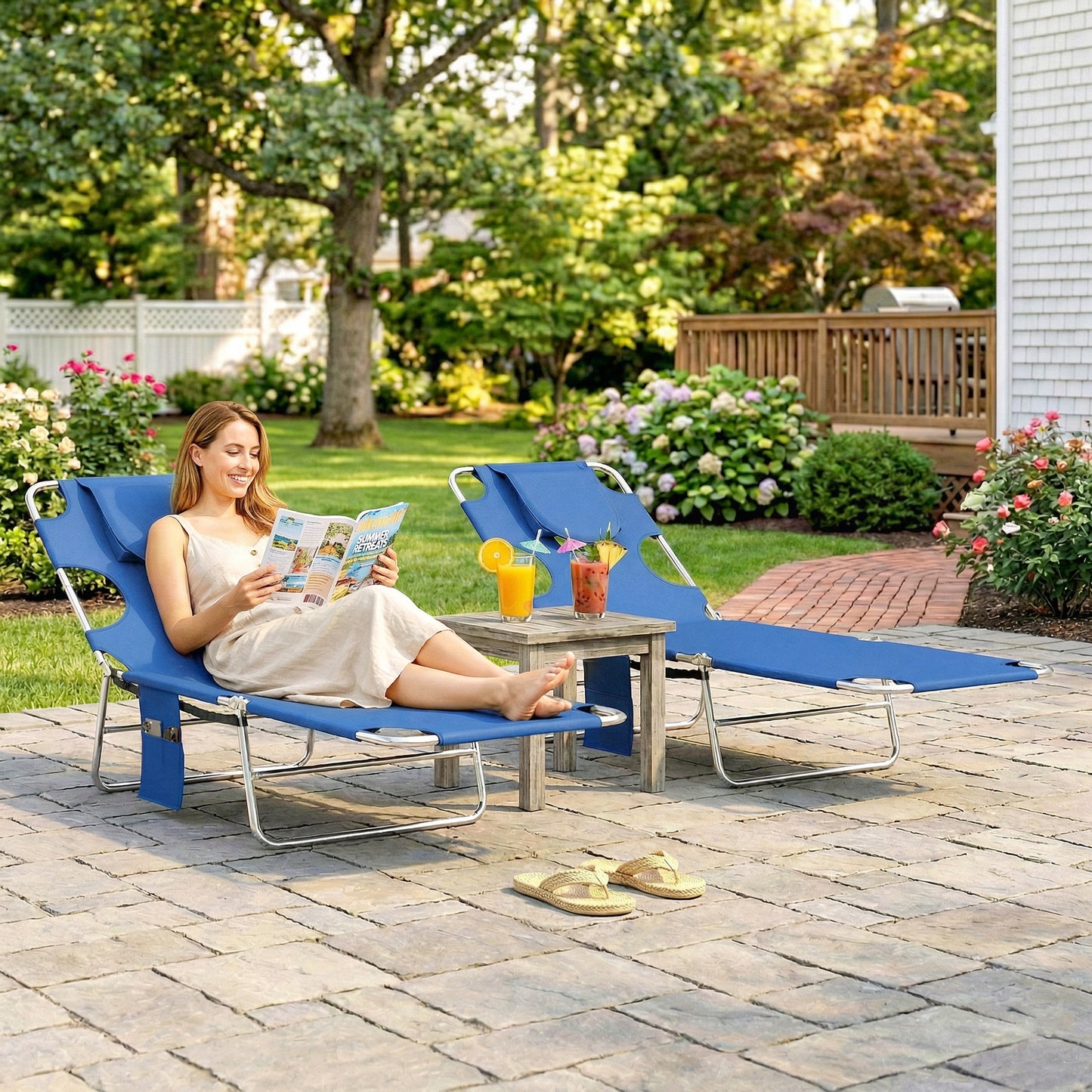 2 Sun Loungers with Reading Hole, Folding Garden Lounger, Blue