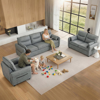 3 Seater Sofa, Faux Leather Couch with Thicken Cushion, Grey