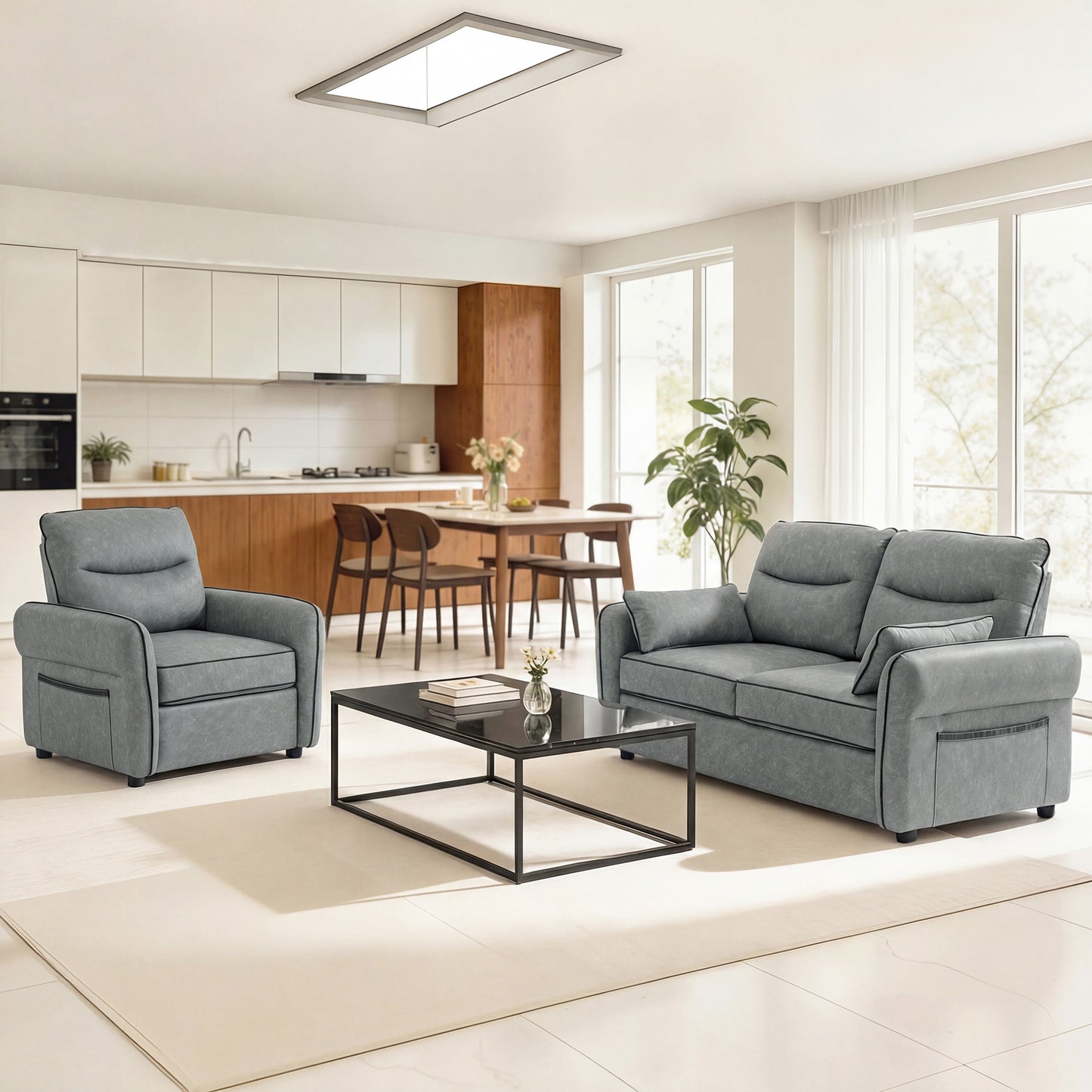 3 Seater Sofa, Faux Leather Couch with Thicken Cushion, Grey