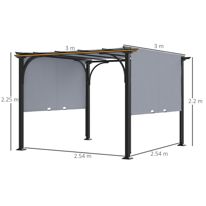 3 x 3(m) Garden Pergola, Outdoor Retractable Pergola Gazebo with Adjustable Canopy, Sun Shade Patio Canopy Shelter, Grey