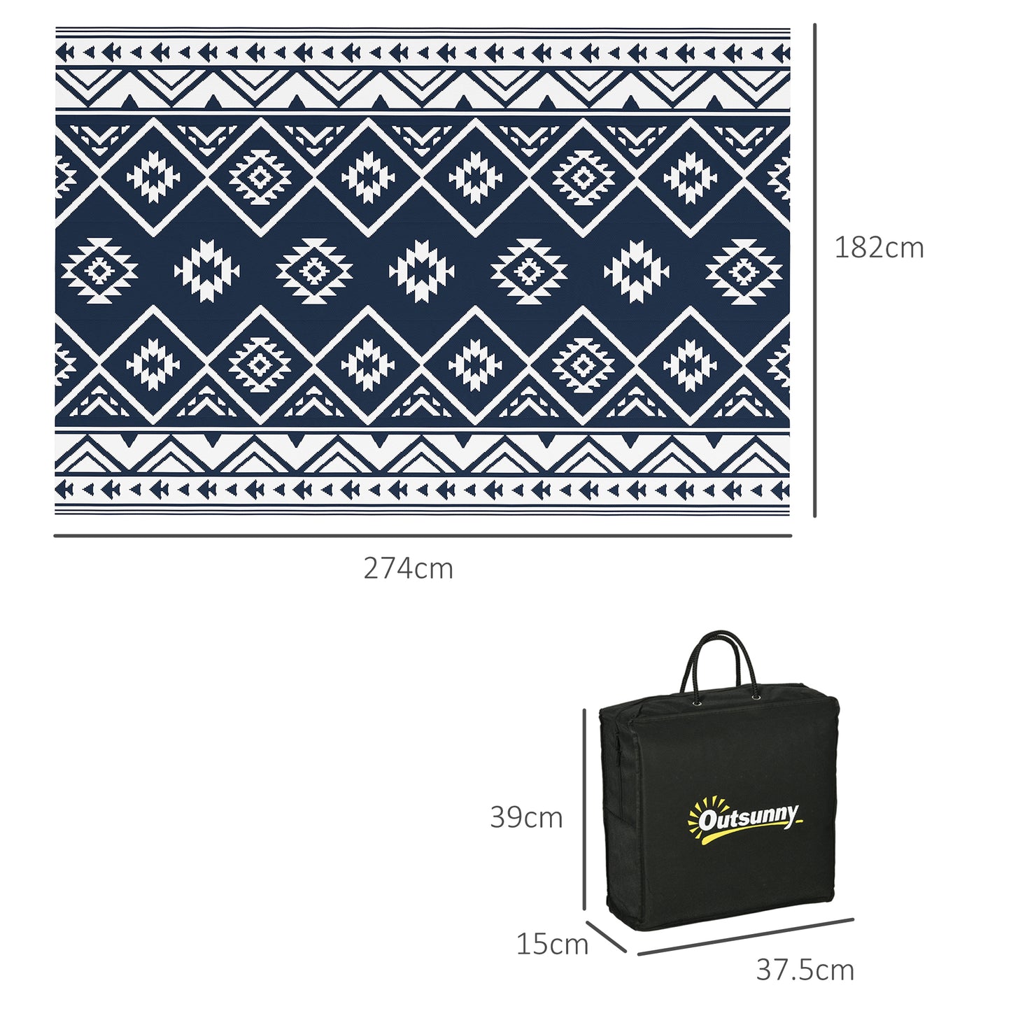 Reversible Waterproof Outdoor Rug W/ Carry Bag, 182 x 274cm, Dark Blue