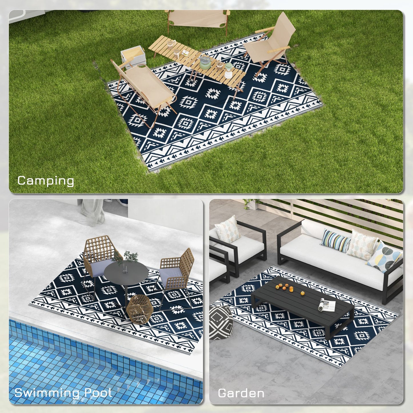 Reversible Waterproof Outdoor Rug W/ Carry Bag, 182 x 274cm, Dark Blue