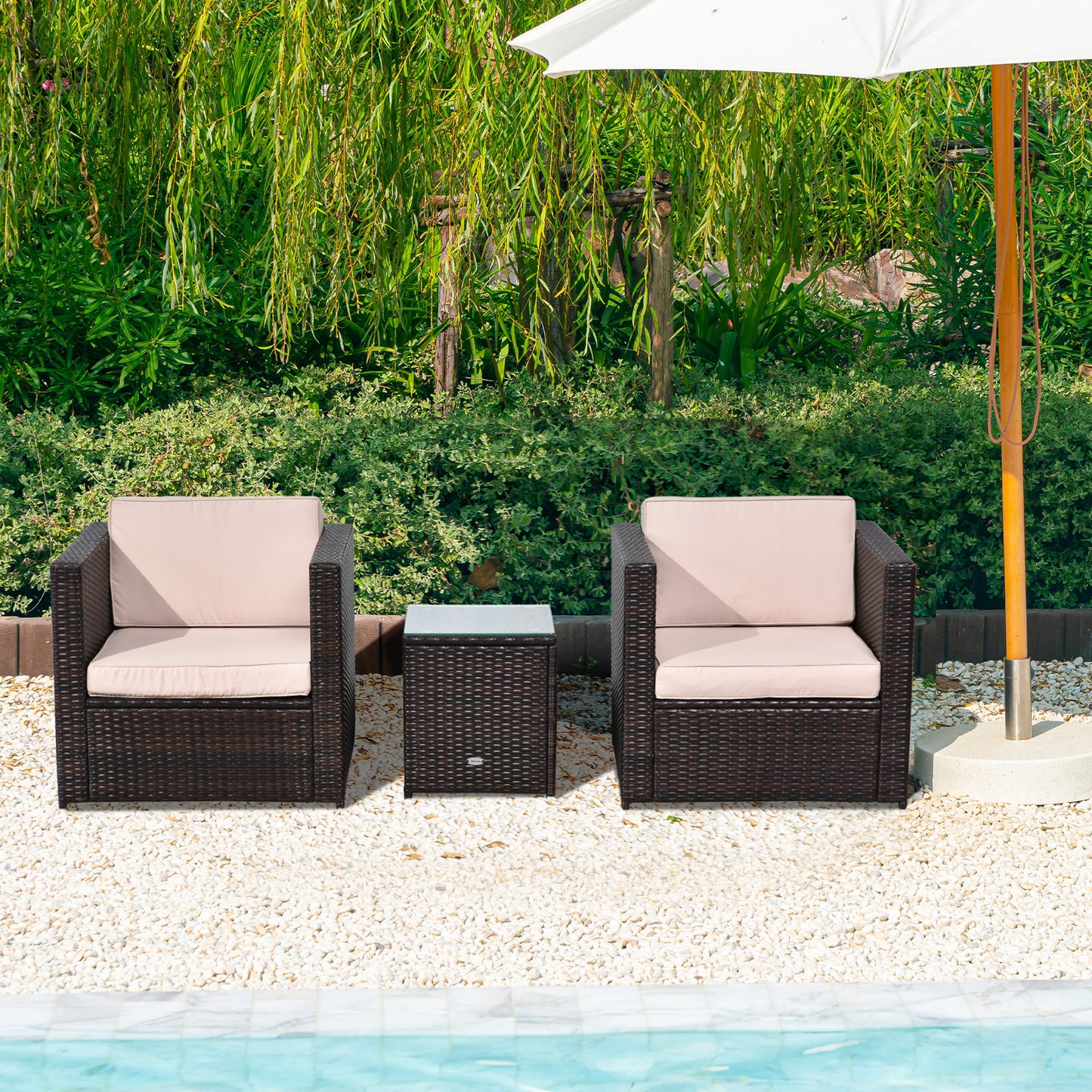 3 Pieces Rattan Bistro Set, Wicker Garden Furniture Set with Glass Top Coffee Table and Chairs, Thickened Washable Cushions for Outdoor, Patio, Balcony, Brown