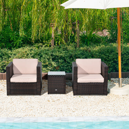 3 Pieces Rattan Bistro Set, Wicker Garden Furniture Set with Glass Top Coffee Table and Chairs, Thickened Washable Cushions for Outdoor, Patio, Balcony, Brown