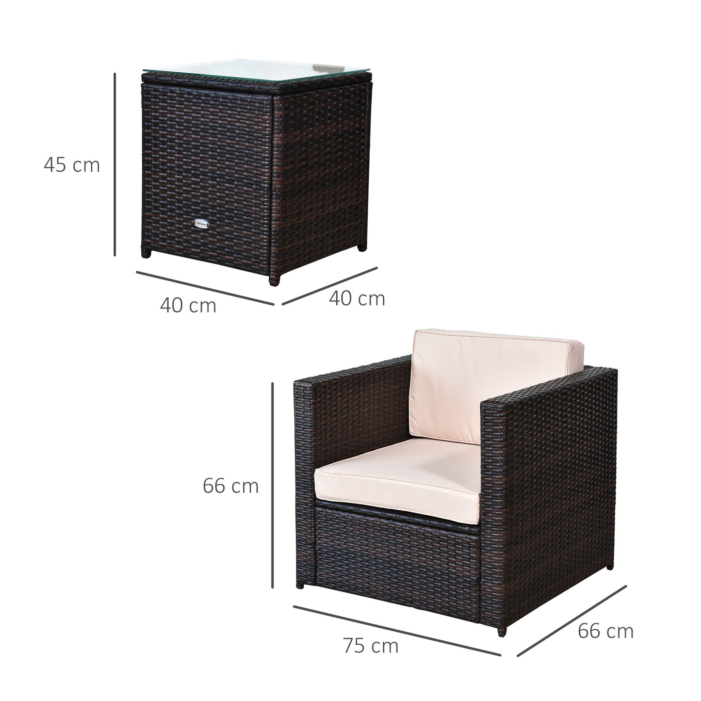 3 Pieces Rattan Bistro Set, Wicker Garden Furniture Set with Glass Top Coffee Table and Chairs, Thickened Washable Cushions for Outdoor, Patio, Balcony, Brown