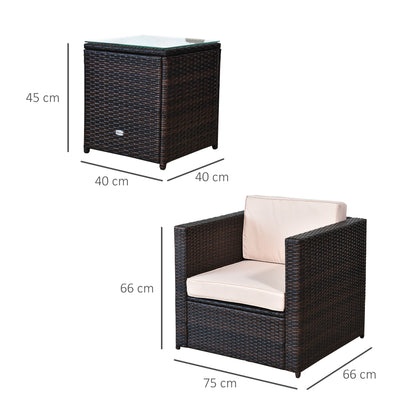 3 Pieces Rattan Bistro Set, Wicker Garden Furniture Set with Glass Top Coffee Table and Chairs, Thickened Washable Cushions for Outdoor, Patio, Balcony, Brown