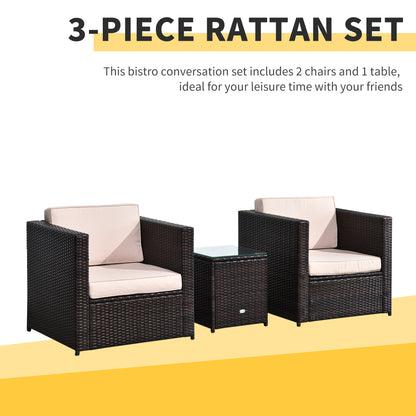 3 Pieces Rattan Bistro Set, Wicker Garden Furniture Set with Glass Top Coffee Table and Chairs, Thickened Washable Cushions for Outdoor, Patio, Balcony, Brown
