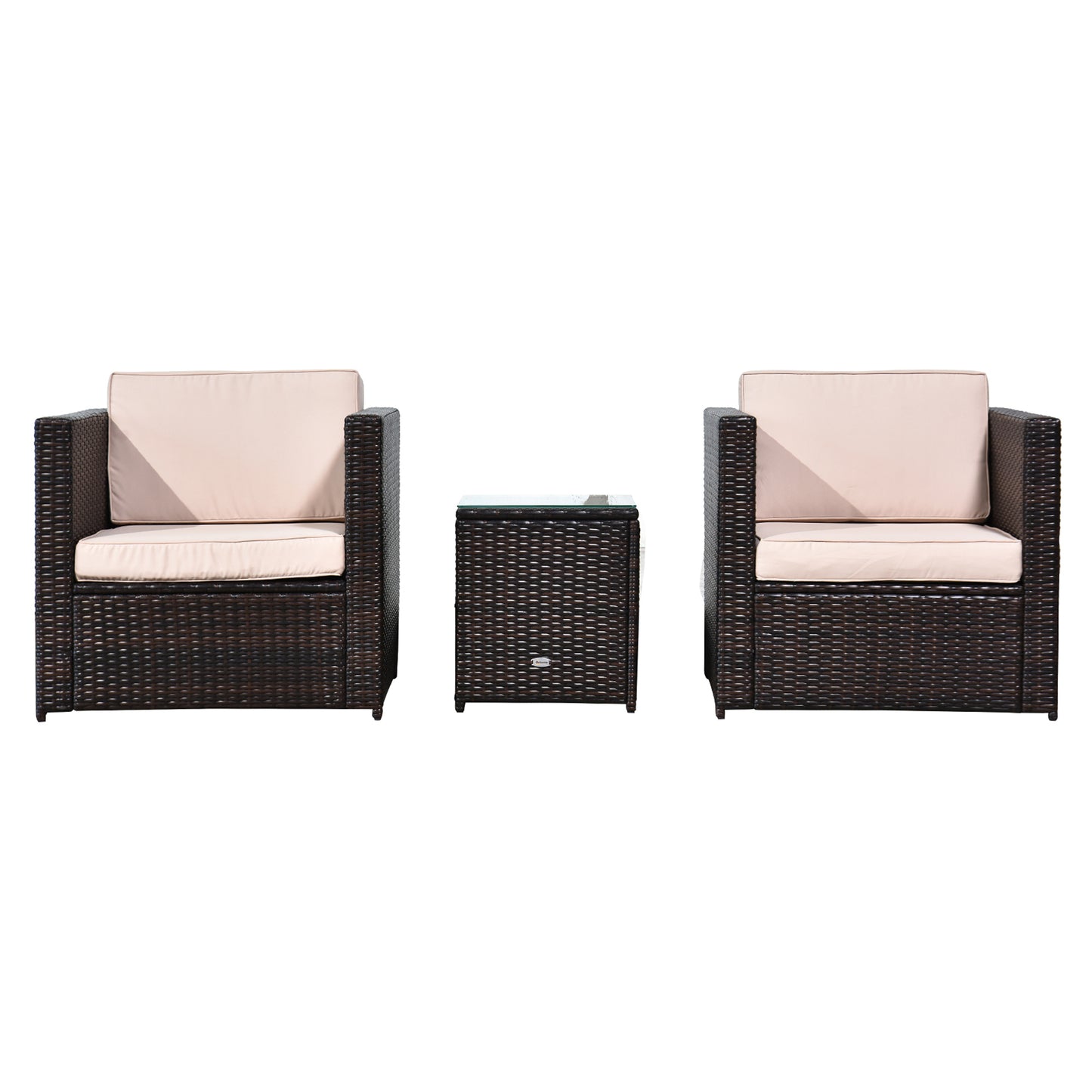 3 Pieces Rattan Bistro Set, Wicker Garden Furniture Set with Glass Top Coffee Table and Chairs, Thickened Washable Cushions for Outdoor, Patio, Balcony, Brown
