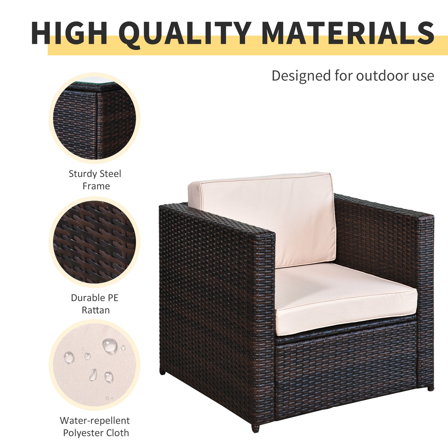 3 Pieces Rattan Bistro Set, Wicker Garden Furniture Set with Glass Top Coffee Table and Chairs, Thickened Washable Cushions for Outdoor, Patio, Balcony, Brown