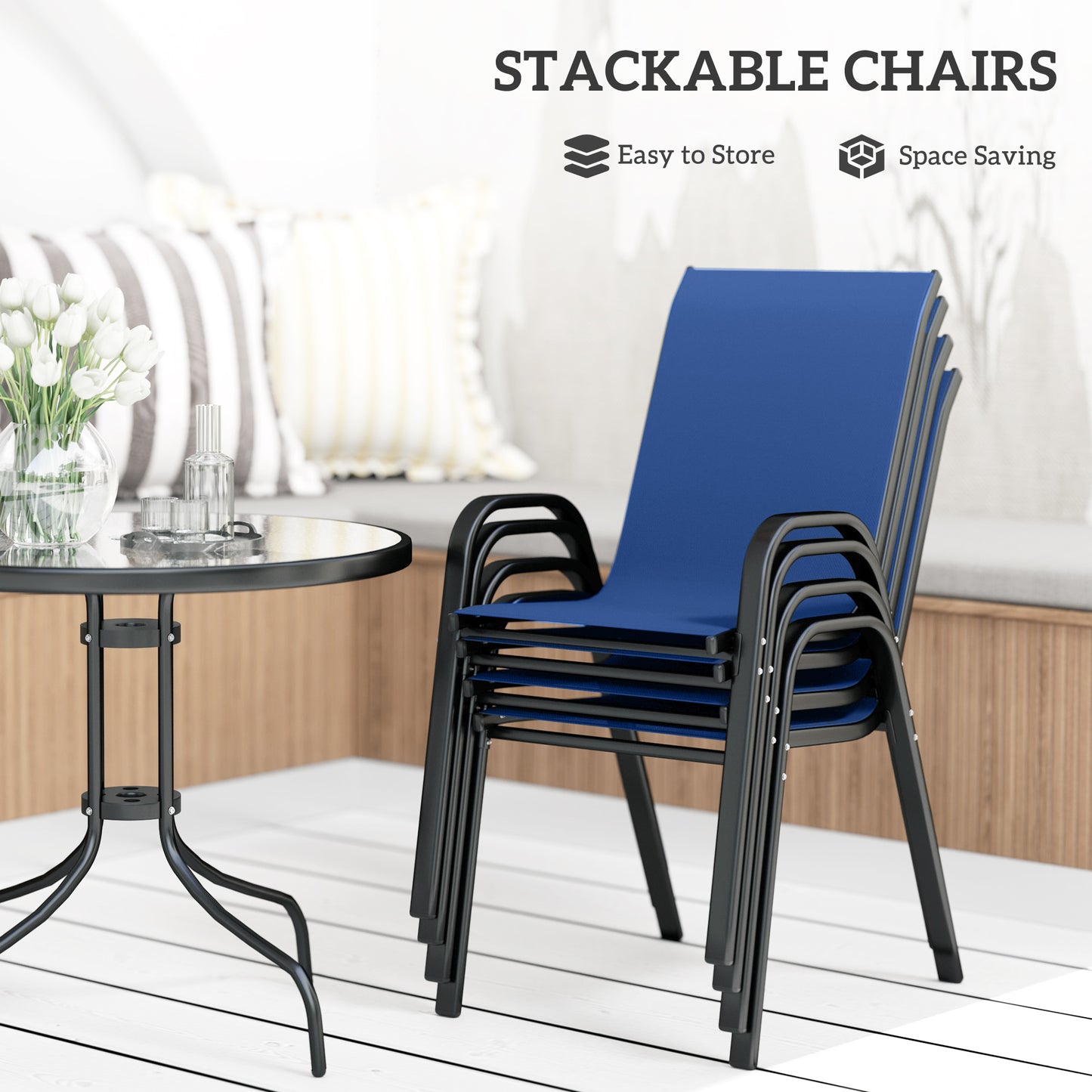 5 PCs Garden Furniture Set, Round Table and Stackable Chairs, Blue