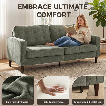 3 Seater Sofa, Velvet-Feel Fabric Upholstered Small Couch for Bedroom, Modern Sofa Settee with Padded Cushion, Button Tufting and Wood Legs for Living Room, Green