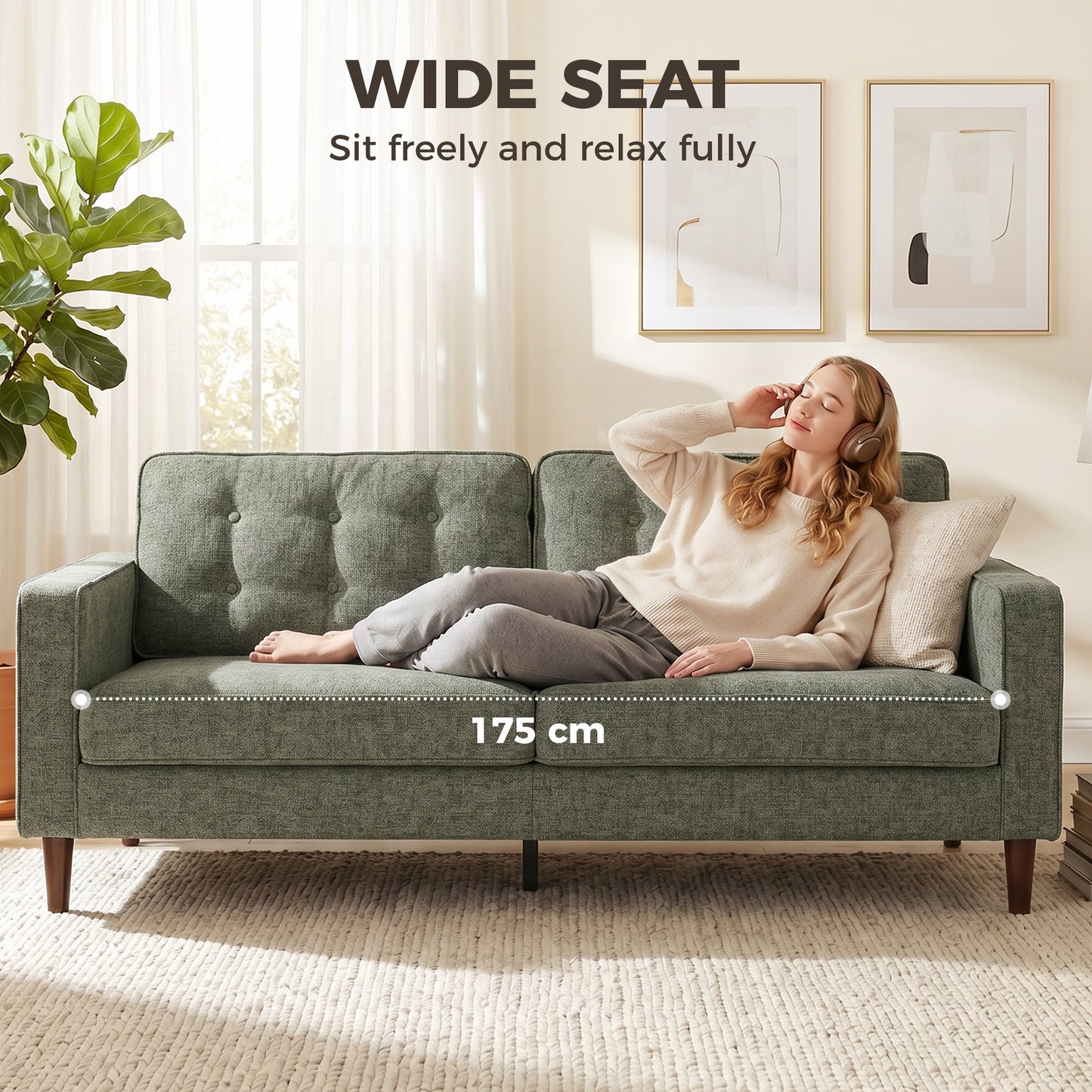 3 Seater Sofa, Velvet-Feel Fabric Upholstered Small Couch for Bedroom, Modern Sofa Settee with Padded Cushion, Button Tufting and Wood Legs for Living Room, Green