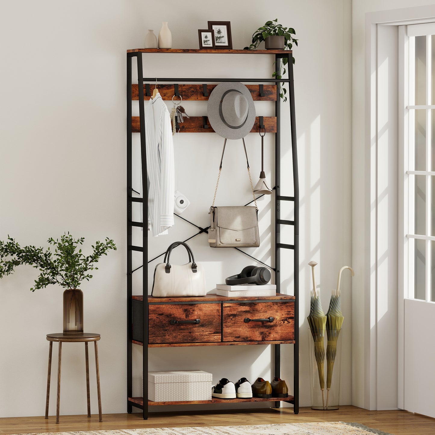 Coat Rack with Shoe Storage, Bench and 10 Hooks, Rustic Brown