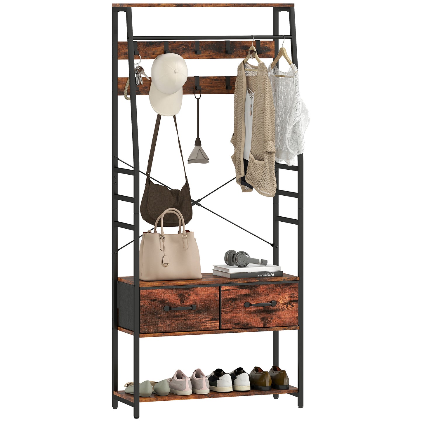 Coat Rack with Shoe Storage, Bench and 10 Hooks, Rustic Brown