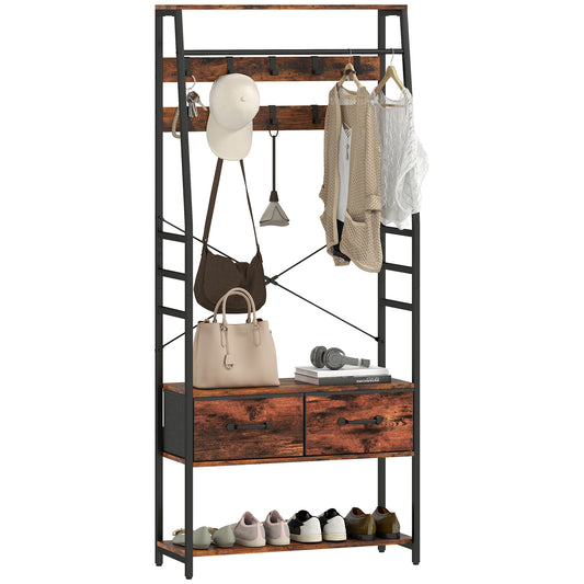 Coat Rack with Shoe Storage, Bench and 10 Hooks, Rustic Brown