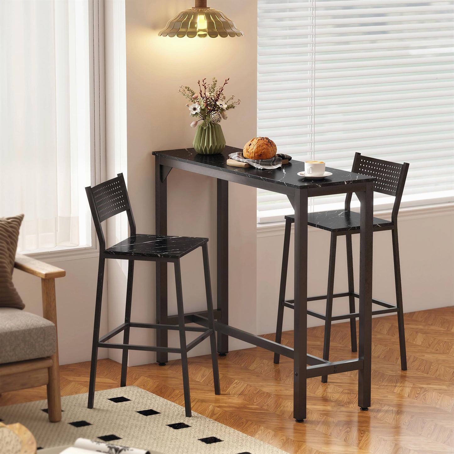 Bar Table Coffee Table with Adjustable Footpads Black Marble Effect