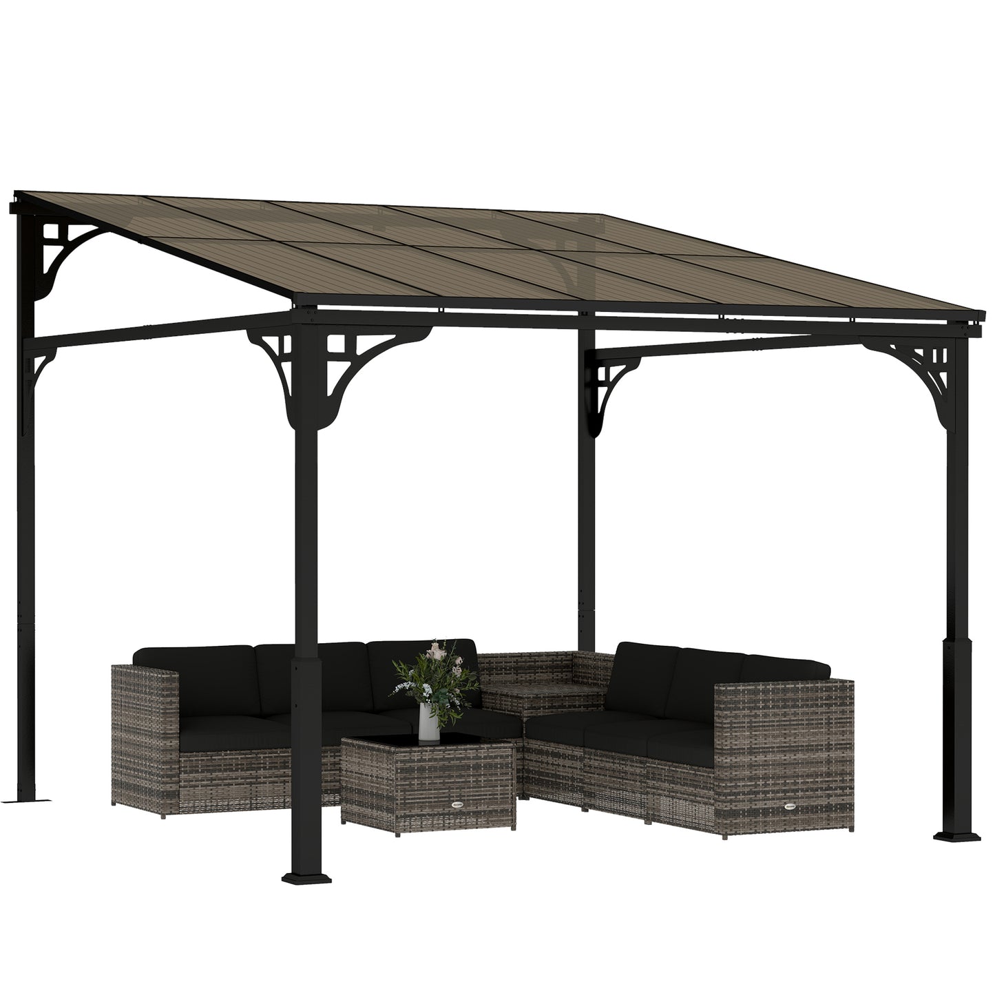 3 x 2.87 m Metal Lean-to Hardtop Gazebo, Wall-Mounted Pergola