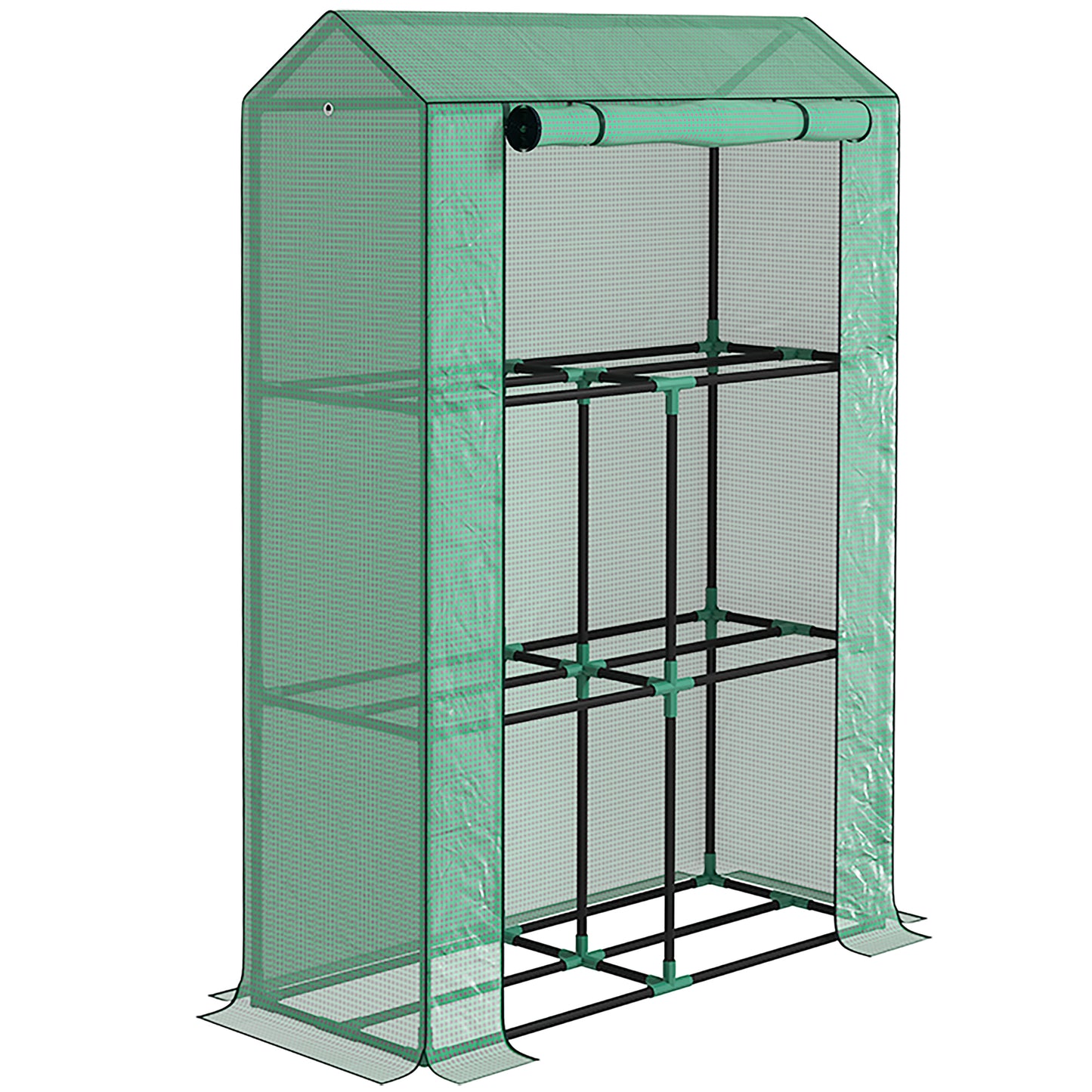 3 Tier Mini Greenhouse with PE Cover, Roll-Up Door, Green