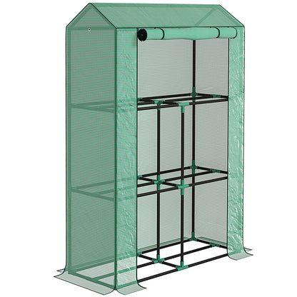 3 Tier Mini Greenhouse with PE Cover, Roll-Up Door, Green