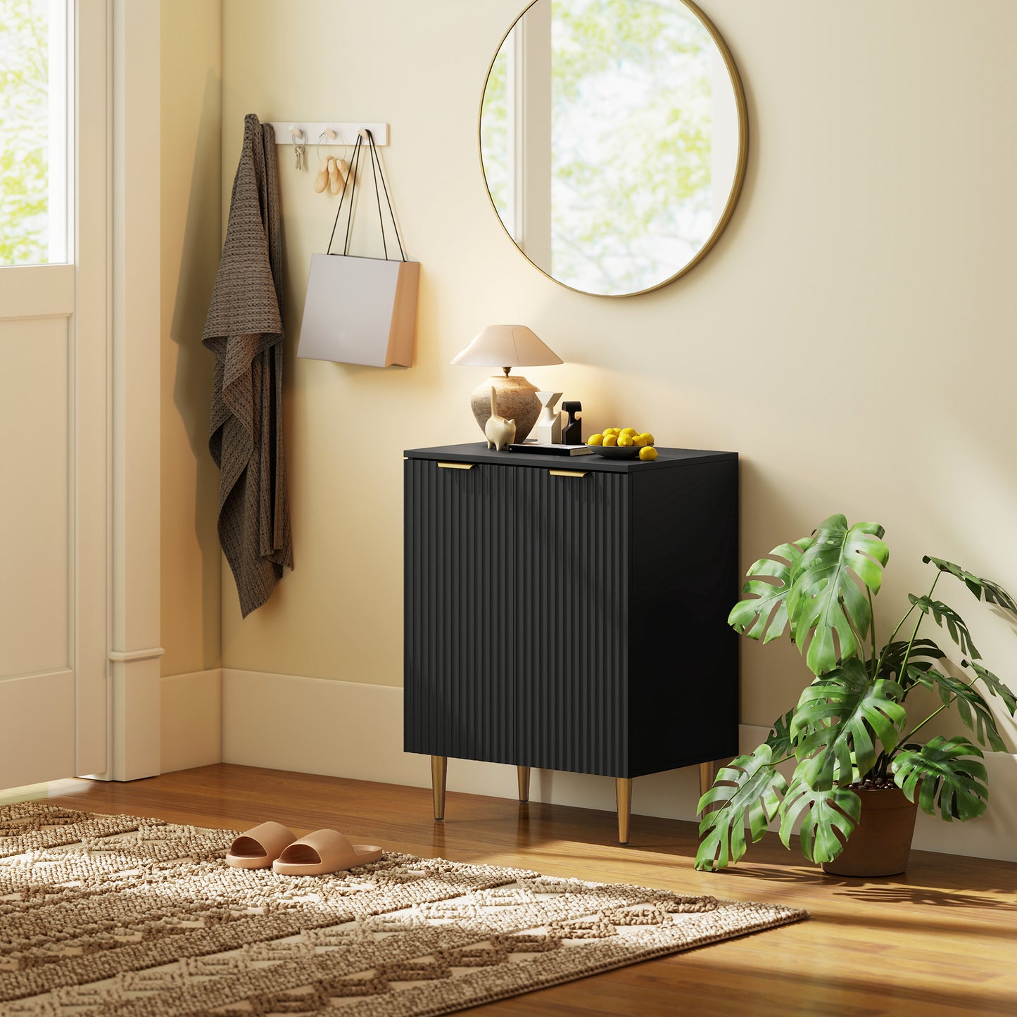 Sideboard Buffet Cabinet, Modern Kitchen Storage Cabinet with 2 Doors and Adjustable Shelf, Living Room Sideboard with Metal Legs for Hallway, Black