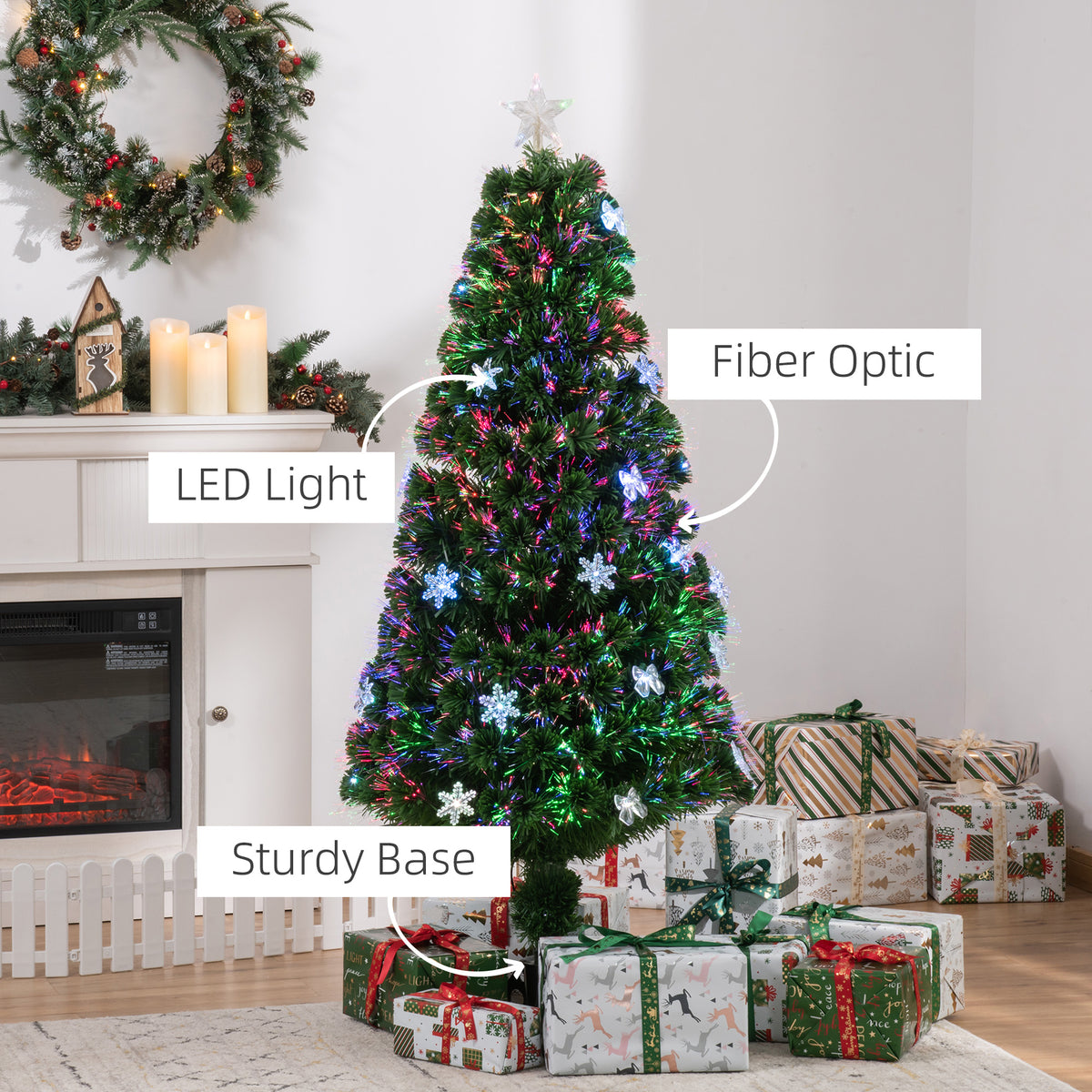 5ft Pre-Lit Fibre Optic Christmas Tree with Multicolour LEDs, Bows & Star