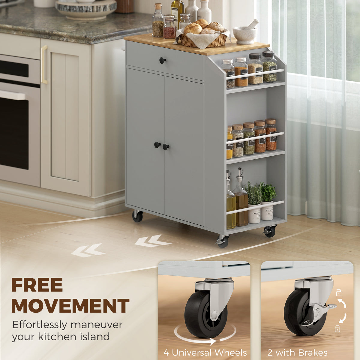 Kitchen Trolley with Drawer, Cupboard and 3-Tier Spice Rack - Light Blue & Oak Effect
