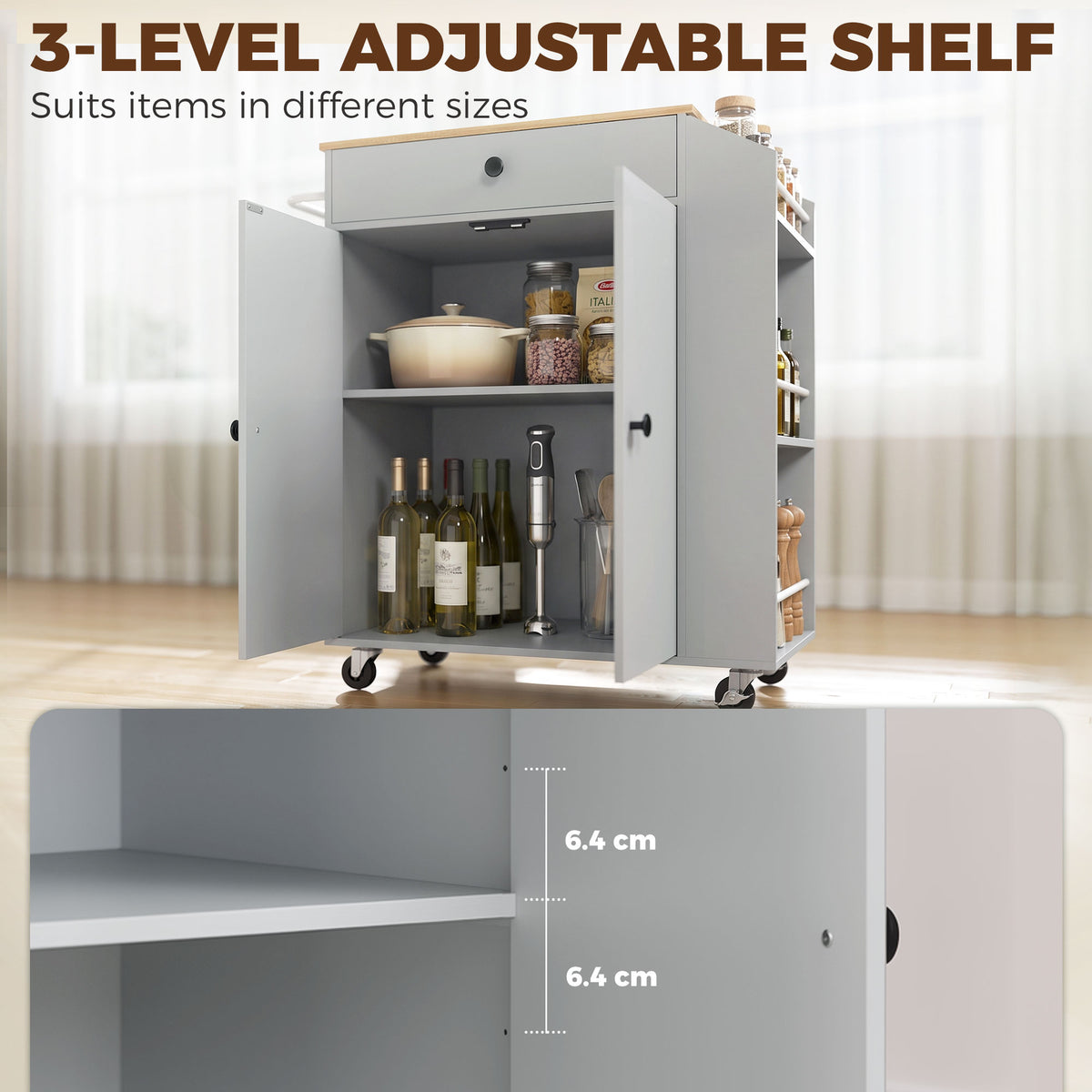 Kitchen Trolley with Drawer, Cupboard and 3-Tier Spice Rack - Light Blue & Oak Effect