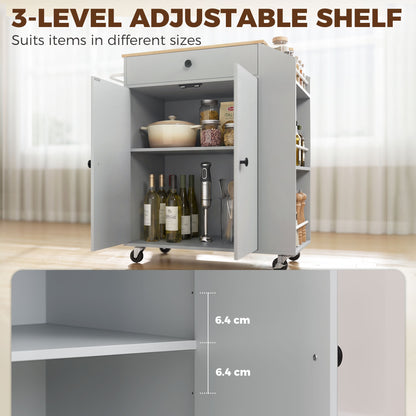 Kitchen Trolley with Drawer, Cupboard and 3-Tier Spice Rack - Light Blue & Oak Effect