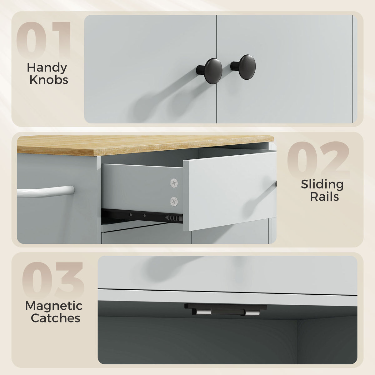 Kitchen Trolley with Drawer, Cupboard and 3-Tier Spice Rack - Light Blue & Oak Effect
