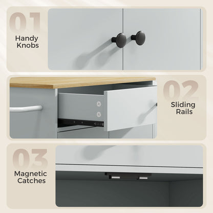 Kitchen Trolley with Drawer, Cupboard and 3-Tier Spice Rack - Light Blue & Oak Effect