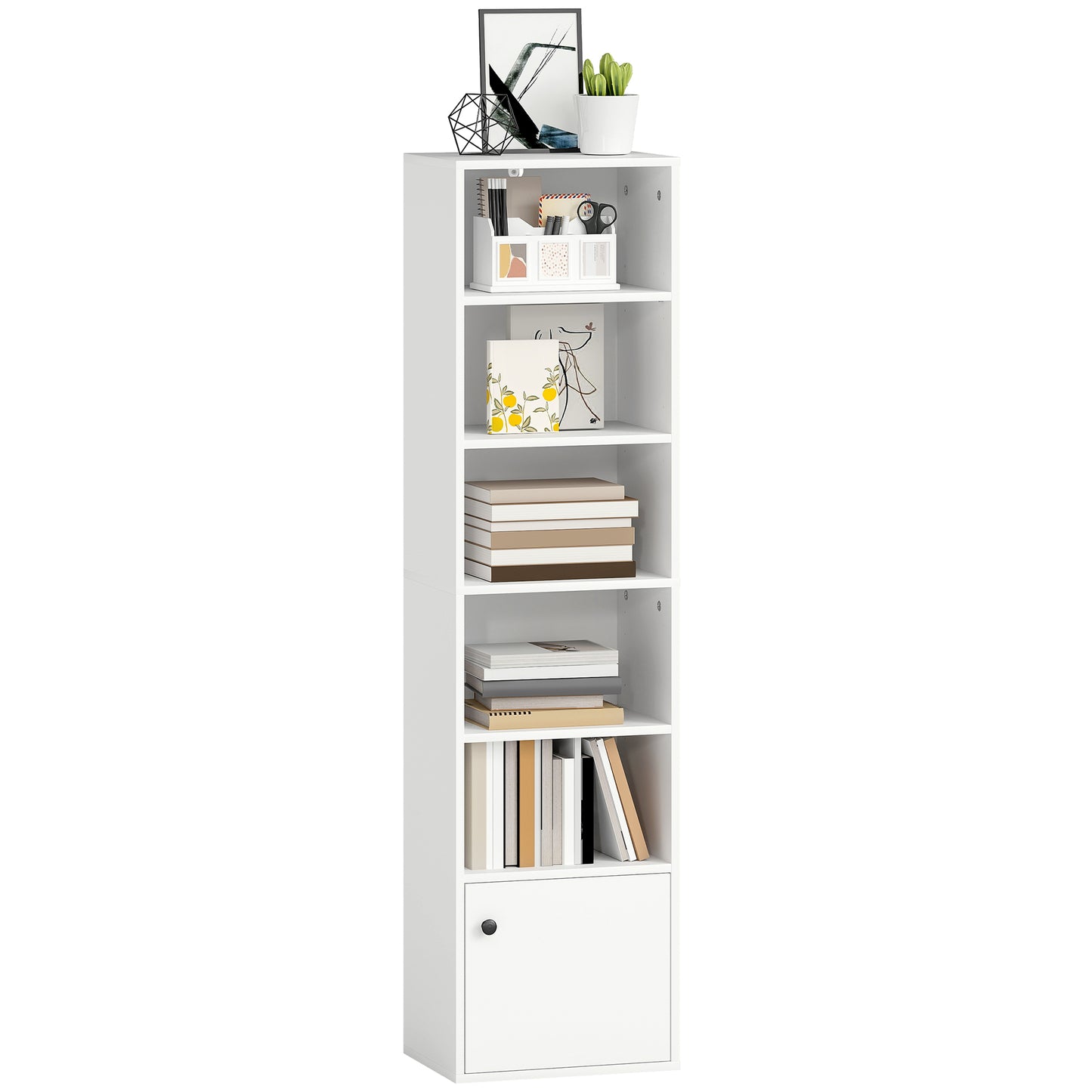 Tall Bookcase, 6-Tier Bookshelf with 3 Adjustable Shelves, White