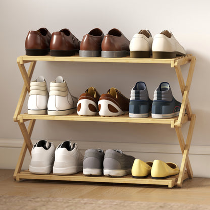 3-Tier Bamboo Shoe Rack, Folding Shoe Shelf, Holds up to 9 Pairs