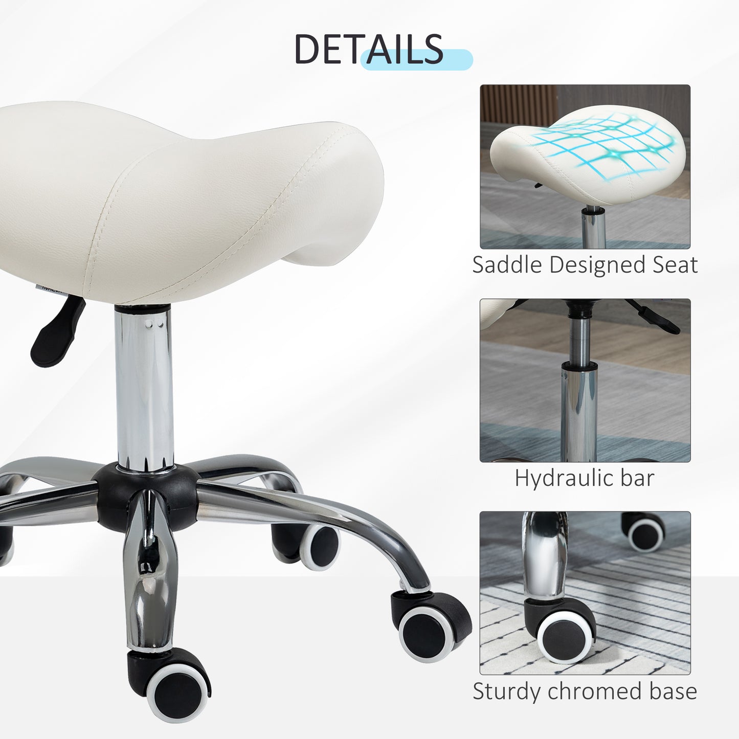 PU Leather Saddle Stool w/ Moulded Padded Seat Adjustable Height Cream