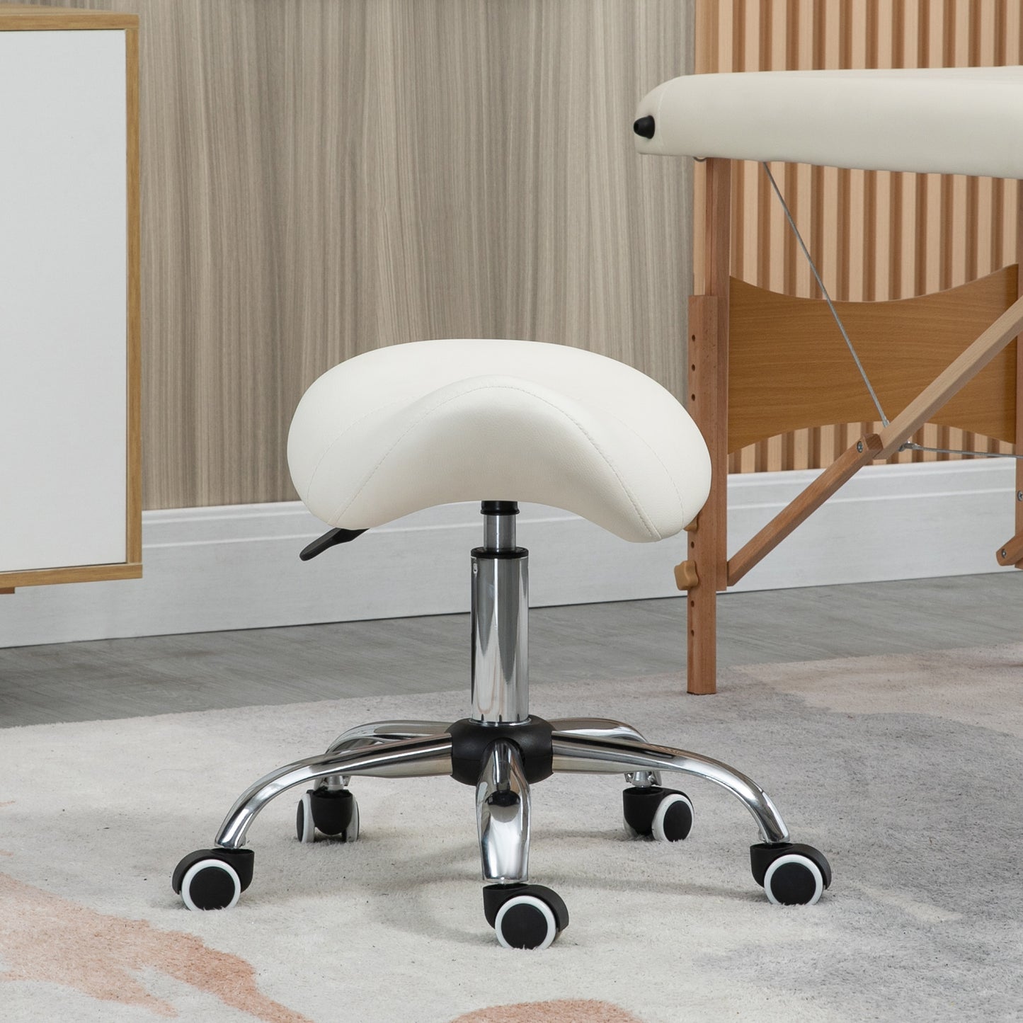 PU Leather Saddle Stool w/ Moulded Padded Seat Adjustable Height Cream