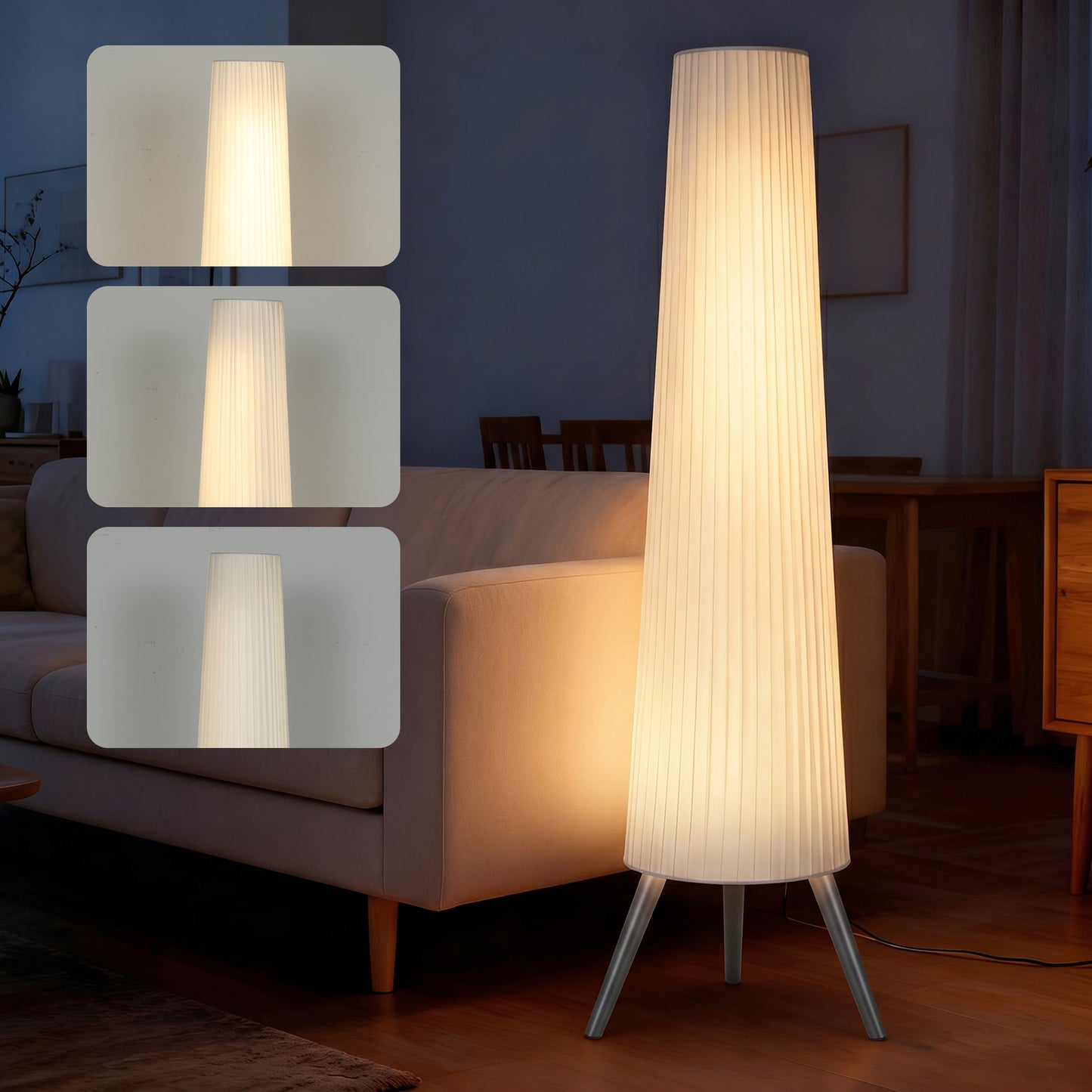 Dimmable Tripod Floor Lamp with Foot Switch, Nordic Standing Lamp with Fabric Shade for Living Room, Bedroom, Office, 153cm, White and Grey