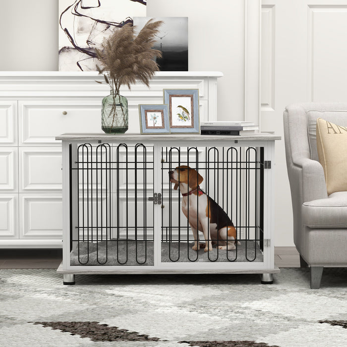 Indoor Dog Crate Furniture, Side End Table, with Soft Washable Cushion, Lockable Doors, for Big Dogs