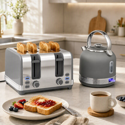1.7L 3000W Fast Boil Electric Kettle and 4 Slice Toaster Set, Grey