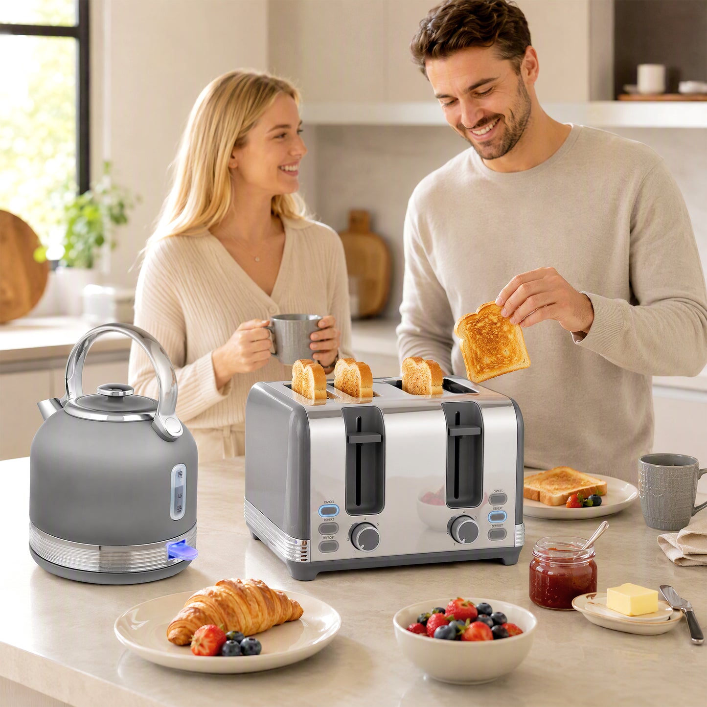 1.7L 3000W Fast Boil Electric Kettle and 4 Slice Toaster Set, Grey