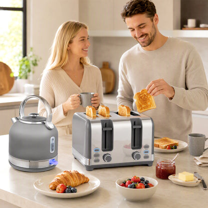 1.7L 3000W Fast Boil Electric Kettle and 4 Slice Toaster Set, Grey