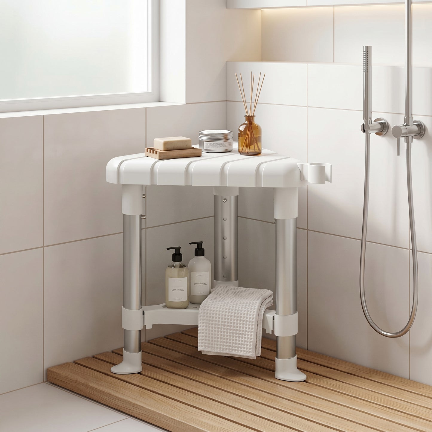Shower Stool with Storage Shelf and HDPE Seat, White