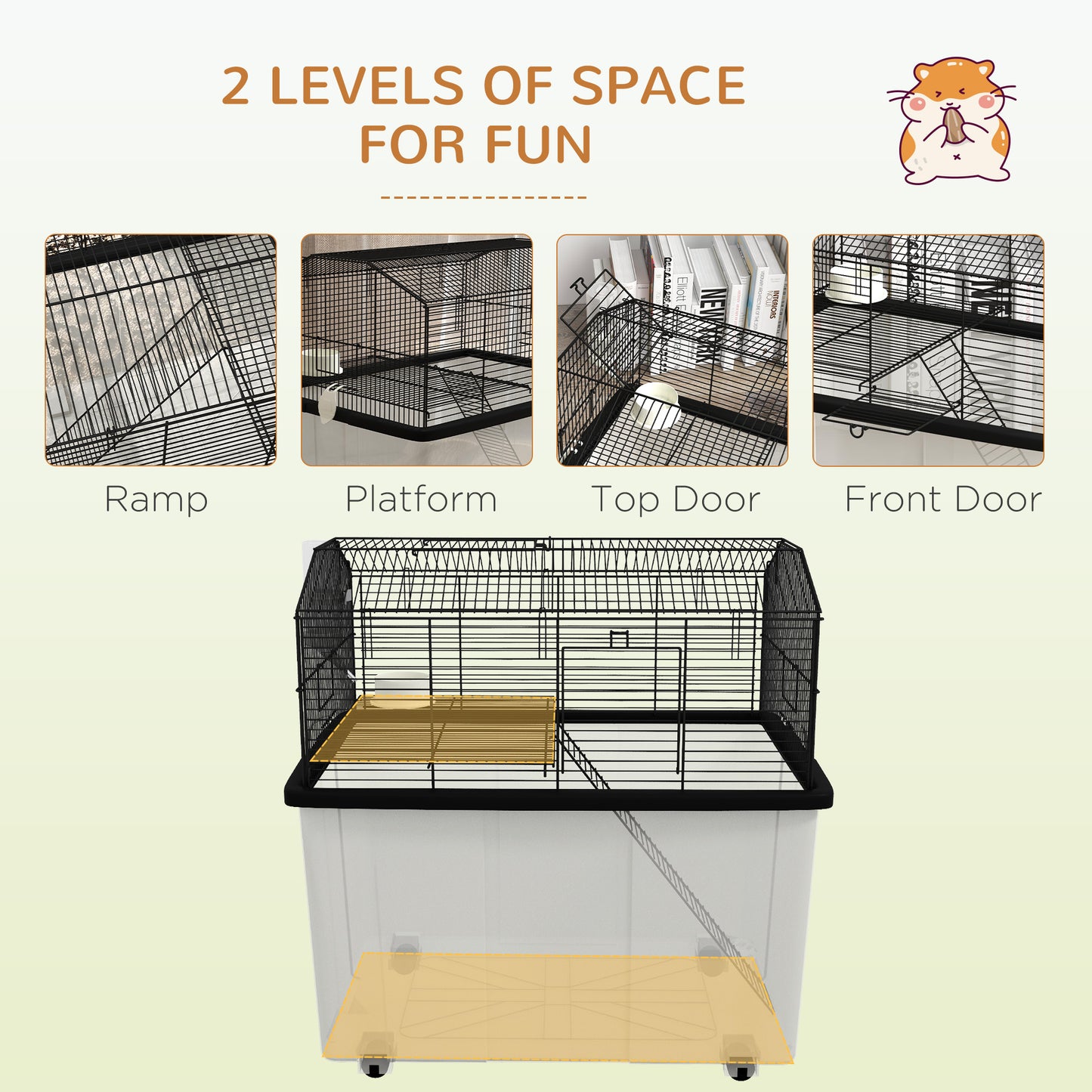 Hamster Cage, Two-Tier Gerbil Cage w/ Deep Bottom, Ramp, Food Dish