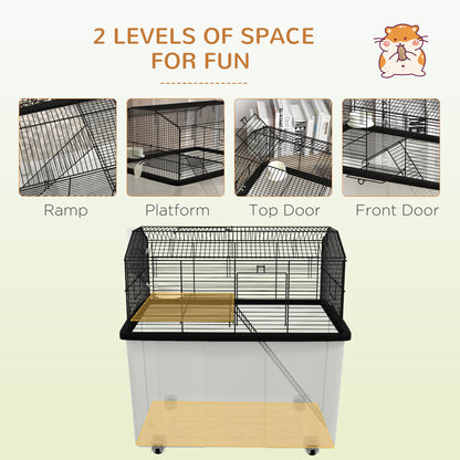 Hamster Cage, Two-Tier Gerbil Cage w/ Deep Bottom, Ramp, Food Dish