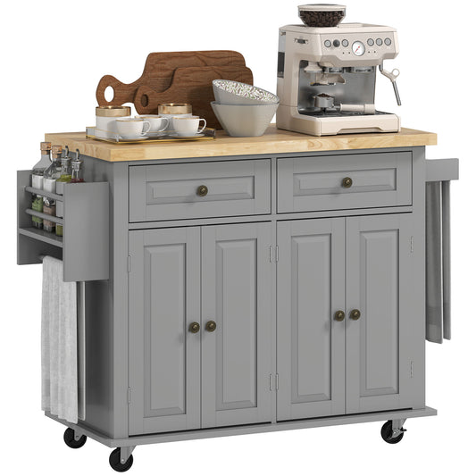 Rolling Kitchen Island Cart with Rubber Wood Top, Spices Grey