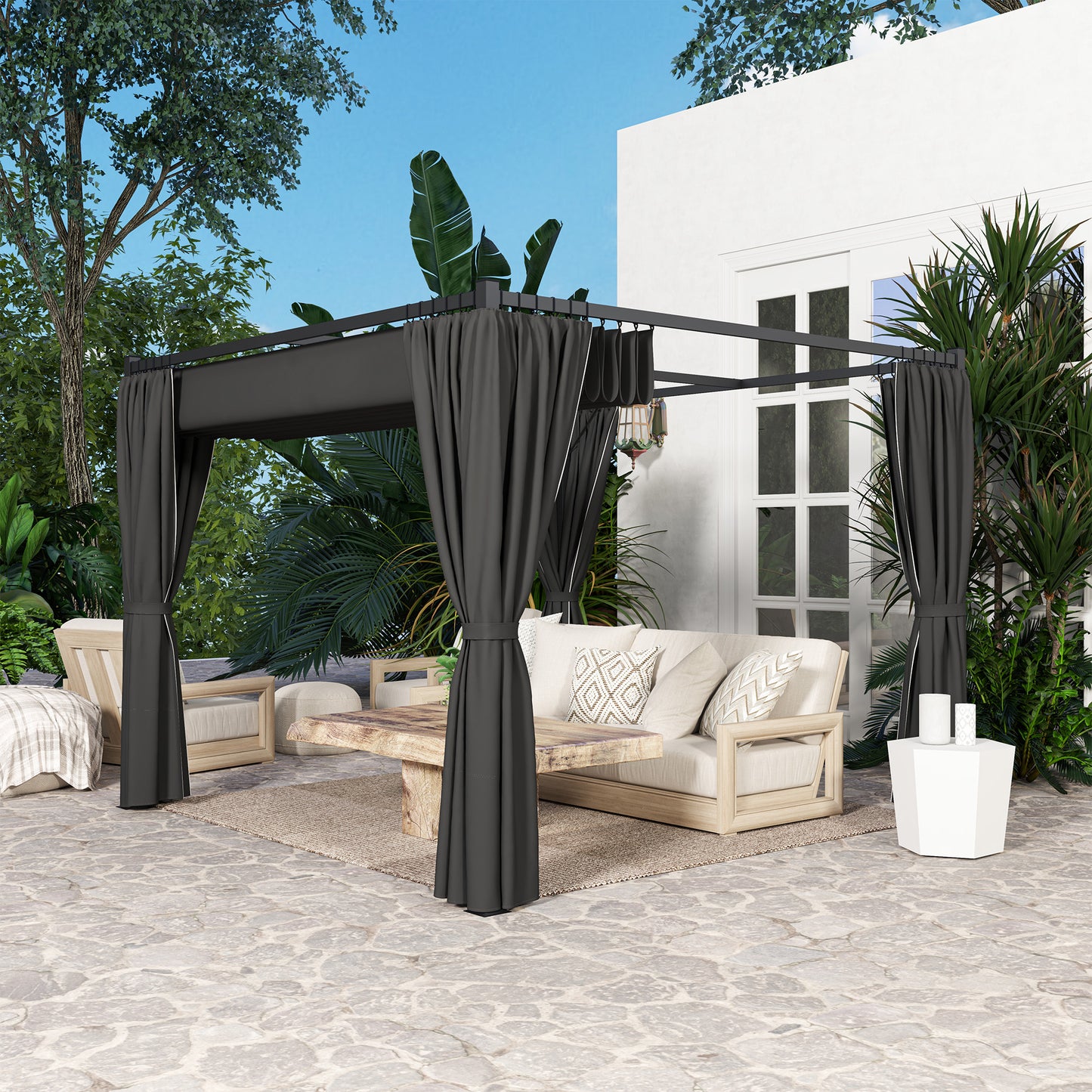 3 x 3(m) Pergola with Retractable Roof and Curtains, Charcoal Grey