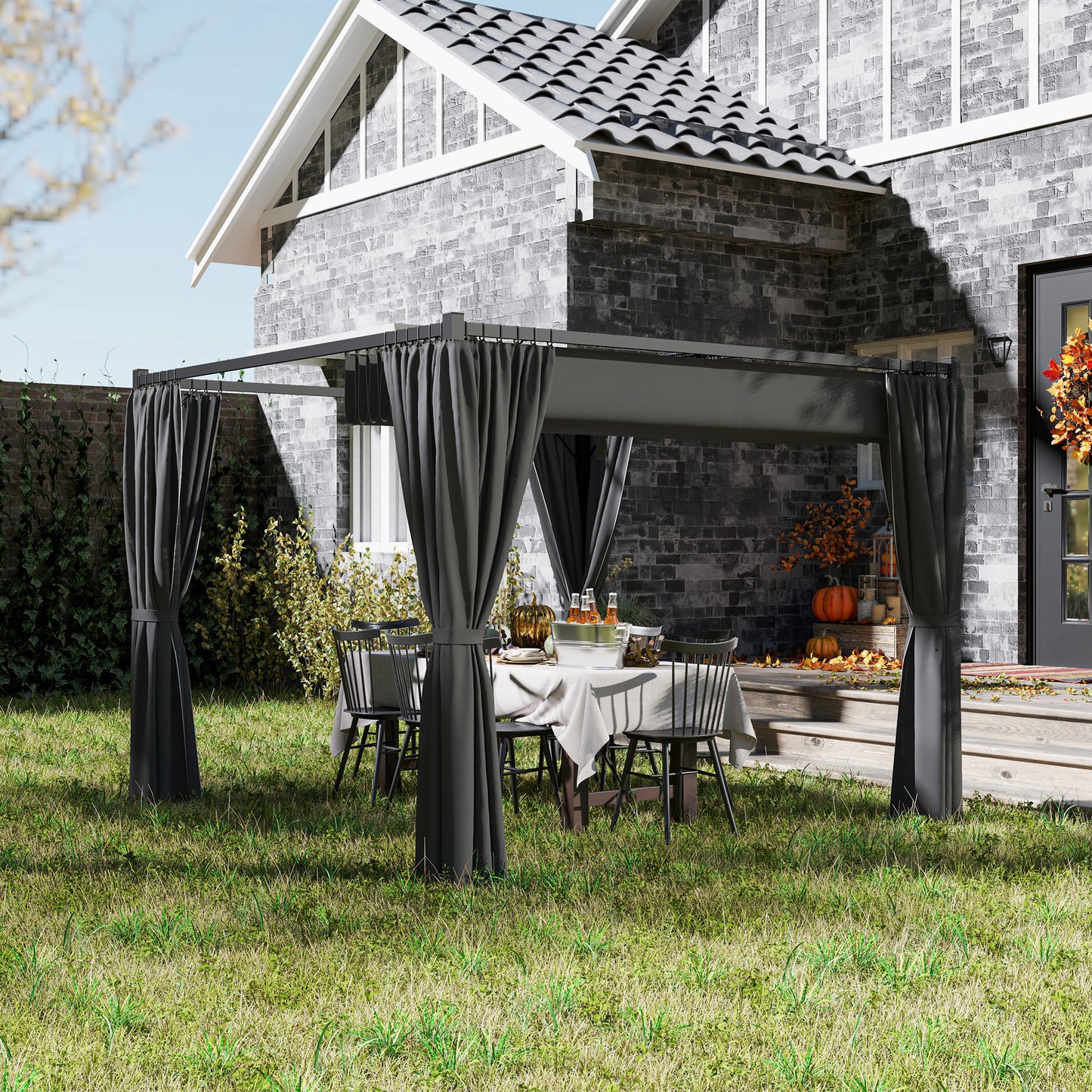 3 x 3(m) Pergola with Retractable Roof and Curtains, Charcoal Grey