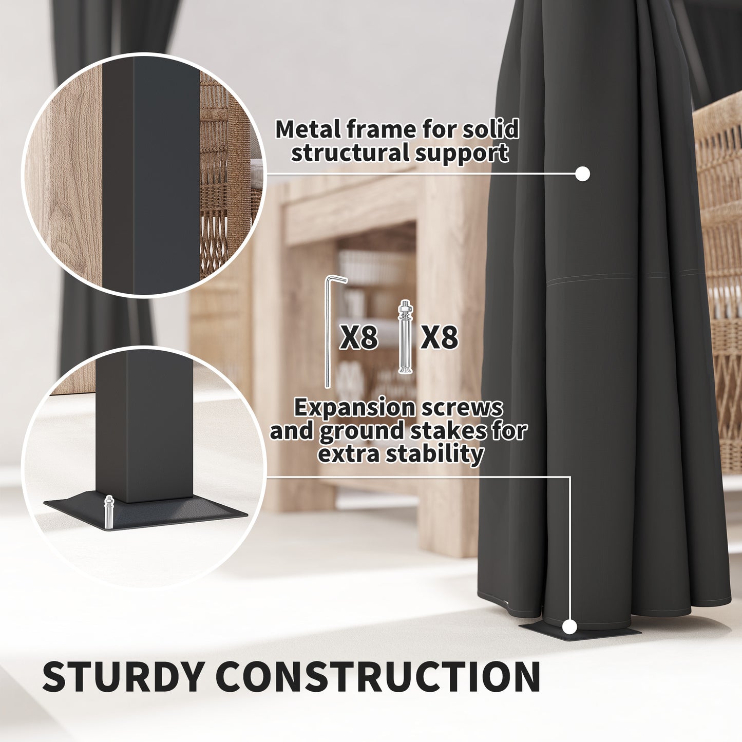 3 x 3(m) Pergola with Retractable Roof and Curtains, Charcoal Grey