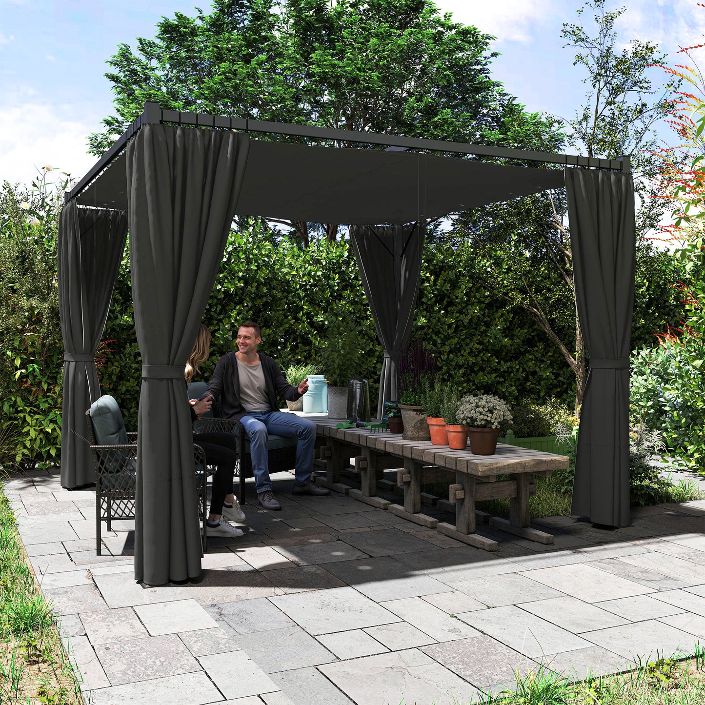 3 x 3(m) Pergola with Retractable Roof and Curtains, Charcoal Grey
