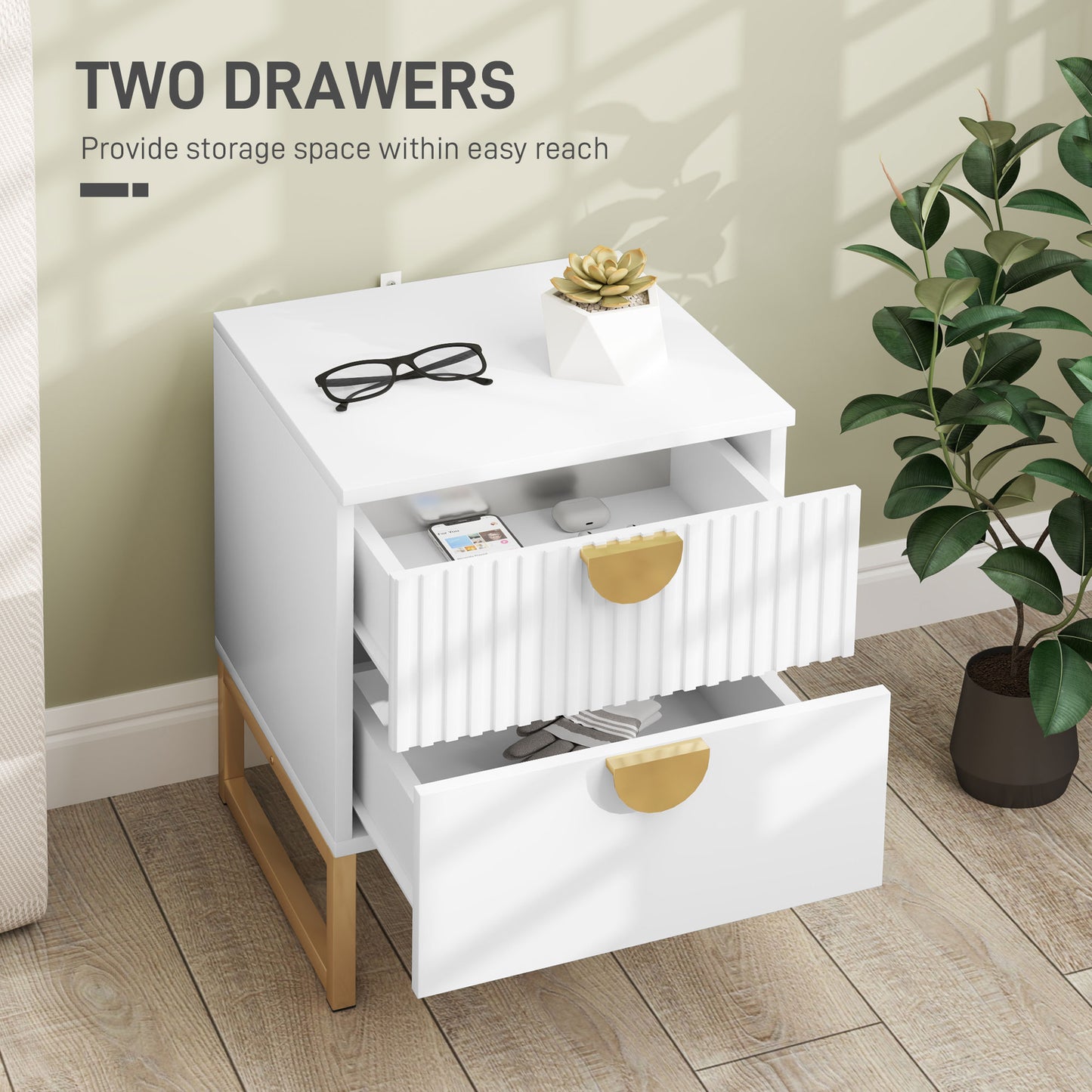 Bedside Table with 2 Drawers for Bedroom, Living Room, White
